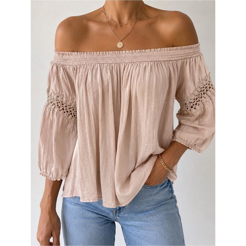 Jennifer Lopez Blush Off-Shoulder Crochet Sleeve